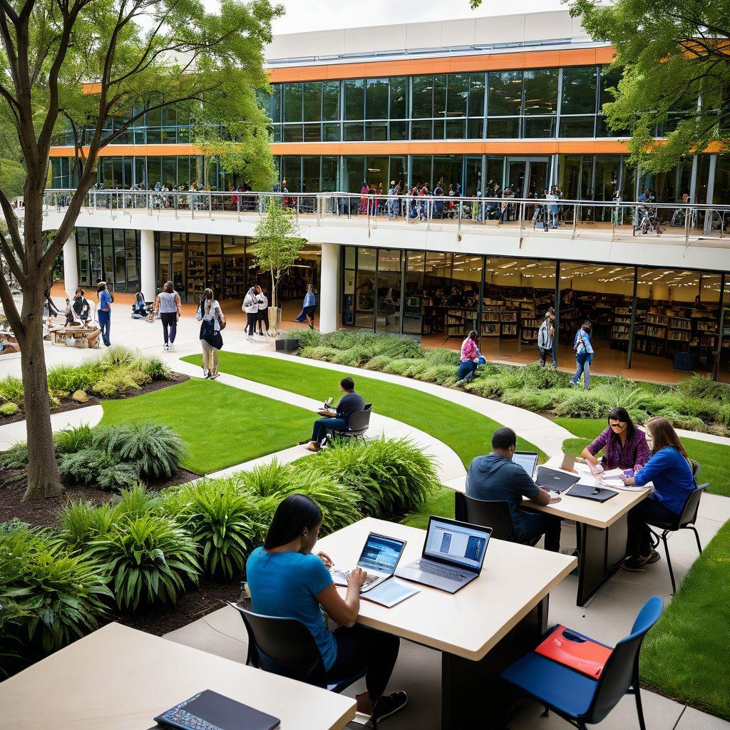 A vibrant campus scene featuring diverse university students exploring various resources such as books, laptops, and bulletin boards with internship opportunities. In the background, a library and a career center are visible, indicating a hub of learning and professional development. Lush greenery surrounds the area, symbolizing growth and opportunity. Include motivational quotes in the foreground to inspire students. super-realistic. vibrant colors. outdoor setting.