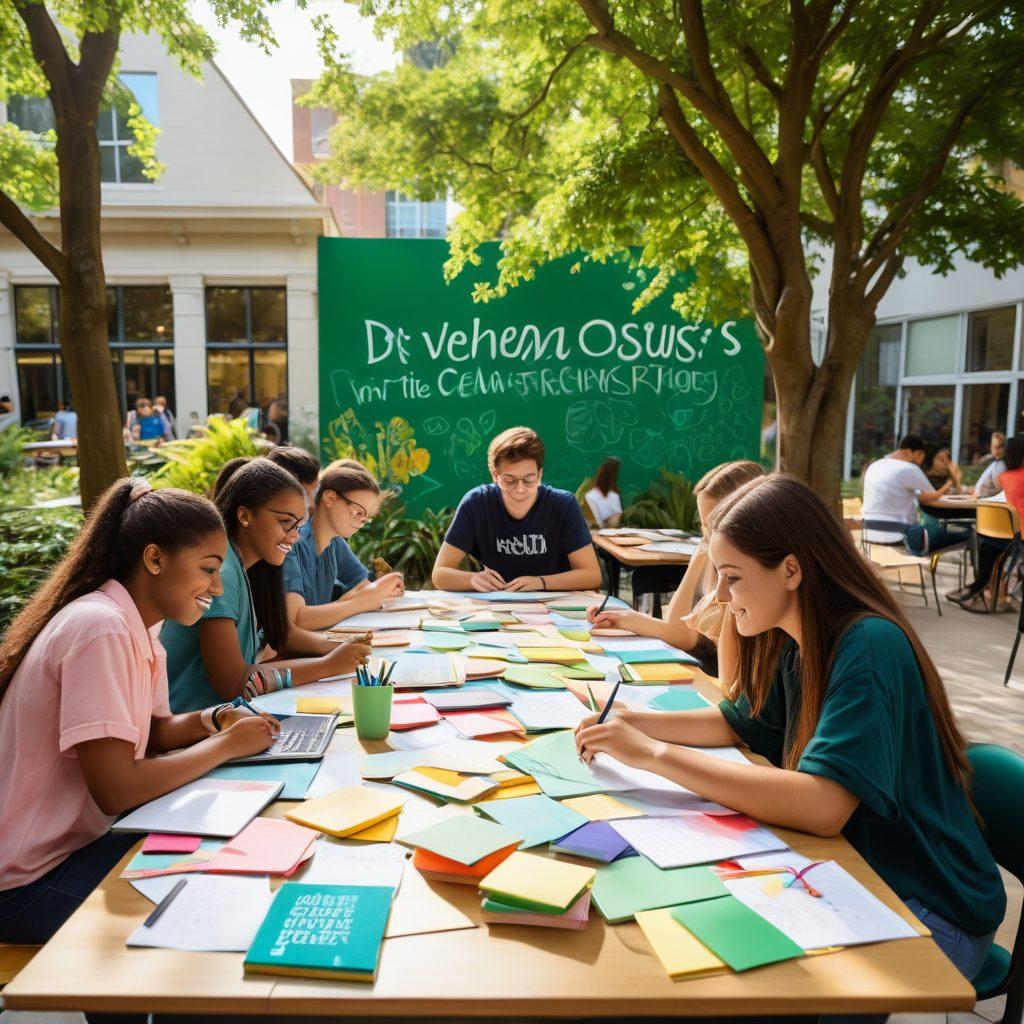 A visually engaging university scene featuring diverse students collaborating at a table full of books, laptops, and colorful stationery, surrounded by a vibrant campus with trees and buildings in the background. Include motivational quotes on sticky notes and sunlight streaming in. super-realistic. vibrant colors. cheerful atmosphere.
