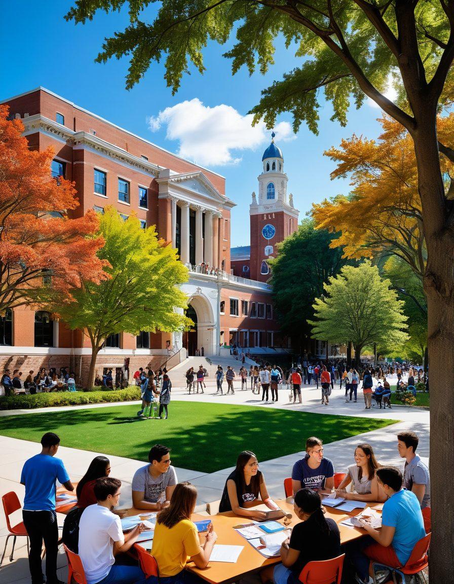 A vibrant college campus scene bustling with diverse students engaging in various activities like conversations, studying in groups, and participating in clubs. Include elements such as bulletin boards showcasing events and multicultural decorations to reflect diverse cultures. The background should display iconic academic buildings and trees to create a lively atmosphere. Bright colors and a warm, inviting sky enhance the sense of community and connection. super-realistic. vibrant colors. white background.